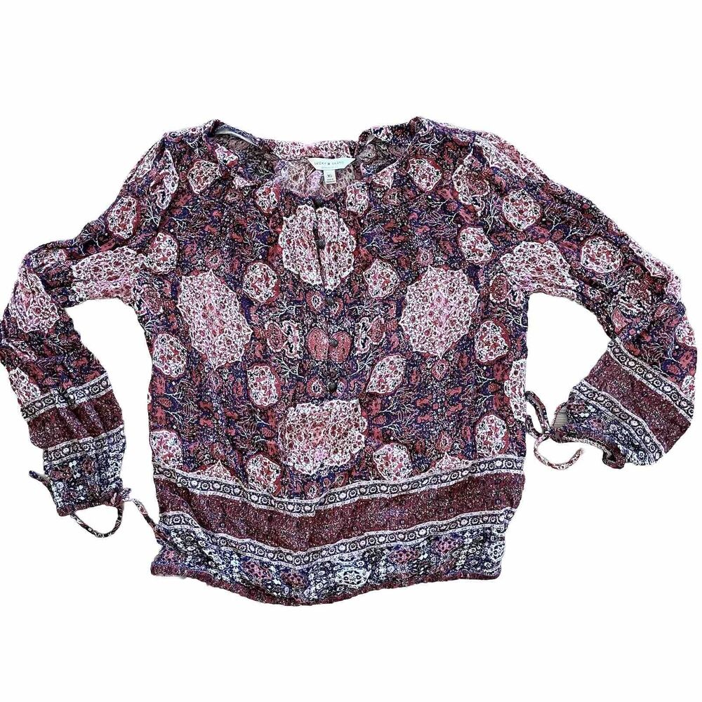 LUCKY BRAND Boho Paisley Bandana 3/4 Sleeve Flowy Blouse Orange Navy Size XS